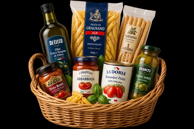 Canasta con productos italianos para compras mayoristas